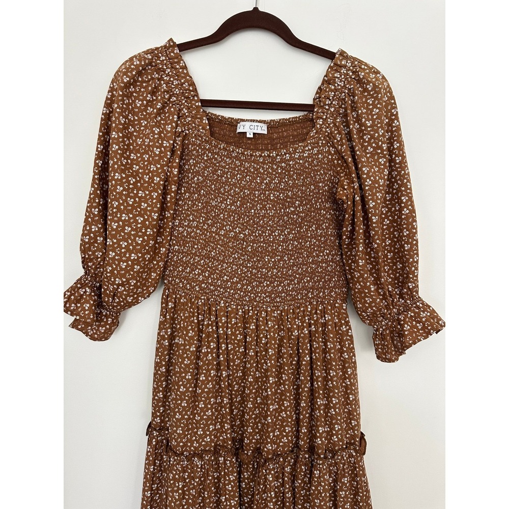 Ivy City Co Madeline Dress Small Brown Floral Smocked Tiered Midi Cotton Cottage - Picture 2 of 9